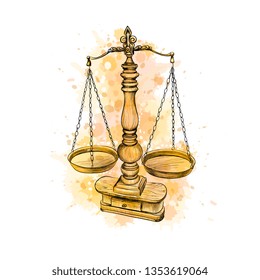 Vintage old scale, Law scales from a splash of watercolor, hand drawn sketch. Symbol of justice. Vector illustration of paints