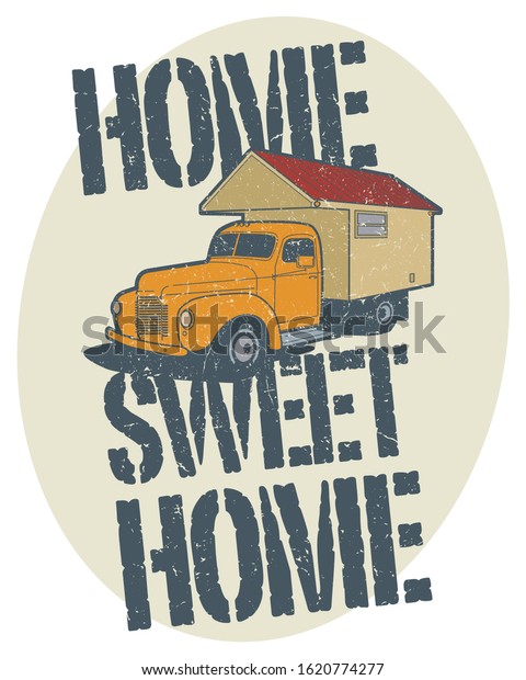 Vintage\
old school camping car, illustration for print design, t shirt\
clothes, poster, sticker - text Home, Sweet\
Home.