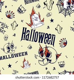 Vintage Old School Halloween Style Seamless Pattern, Concept for background design template with Halloween elements - Vector Illustration