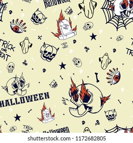 Vintage Old School Halloween Style Seamless Pattern, Concept for background design template with Halloween elements - Vector Illustration