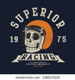 Vintage old school hand drawn styled vector label of skull in helmet. Cafe racer theme. Vector illustration