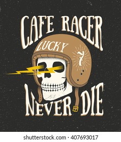 Vintage old school hand drawn styled vector label of skull in helmet. Cafe racer theme. Vector illustration.