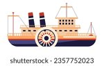 Vintage or old school steam ship or steamer using coal for operating. Isolated means of transportation and transports in the past. Retro design of vessel boat with wheel. Vector in flat style