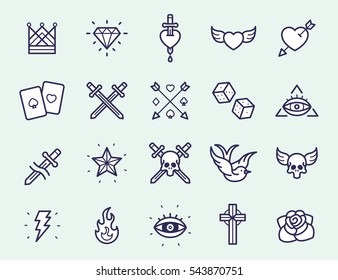 Vintage Old School Tattoo Minimal Flat Line Stroke Icon Pictogram Symbol Illustration Set Collection