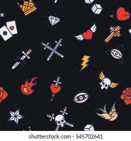Vintage Old School Tattoo Seamless Pattern Minimal Flat Line Stroke Icon Pictogram Symbol Illustration Background