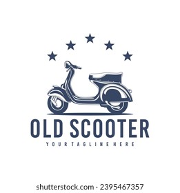 Vintage old scooter motorcycle logo design.  Retro italian old scooter logo illustration isolated on white background.