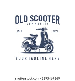 Vintage old scooter motorcycle logo design.  Retro italian old scooter logo illustration isolated on white background.