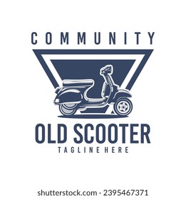 Vintage old scooter motorcycle logo design.  Retro italian old scooter logo illustration isolated on white background.