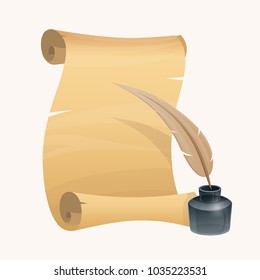 Vintage old sheet of paper with inkwell and feather pen. Ink-bottle and an old ragged paper scroll with empty place for your text, vector illustration.