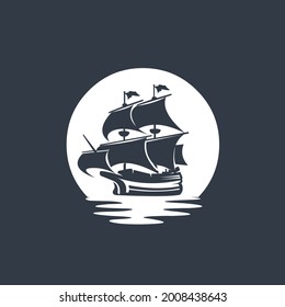 Vintage old ship logo. vintage galleon ship premium ready made logo template set in dark background