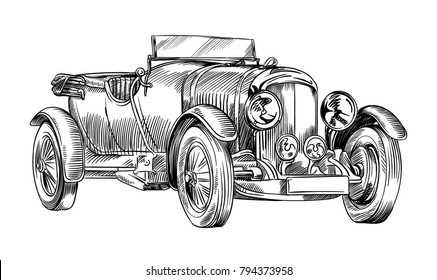 Vintage old sport racing car. Detailed hand drawn vector line art illustration isolated.