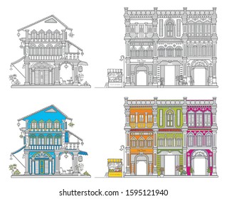 Vintage Old Styled Hand Draw. Buildings. Old town