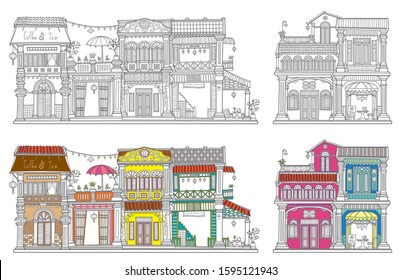 Vintage Old Styled Hand Draw. Buildings. Old town