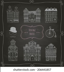 Vintage Old Styled Hand Drawn Doodle Houses Icon Set. Chalk Drawing. Vector Illustration.