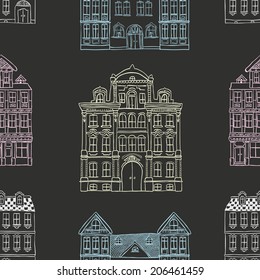 Vintage Old Styled Hand Drawn Doodle Houses Seamless Background Pattern. Chalk Drawing. Pattern Swatch is Available.