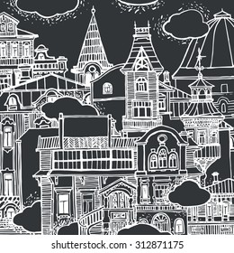 Vintage Old Styled Hand Drawn Doodle Houses. Chalk Drawing. Vector Illustration.