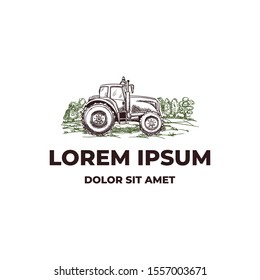 Vintage old tractor in the middle of farm field - logo hand drawn template 