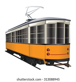 Vintage old tram isolated on white background. Vector, illustration.