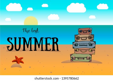 Vintage old travel suitcase on beach. Leather retro bag with stickers. Hat, photo camera, eyeglasses. Vacation travel. Vector illustration flat style
