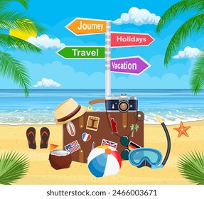 Vintage old travel suitcase on beach. Leather retro bag with stickers. Hat, photo camera, eyeglasses, flip flops, coconut.signpost vacation, travel, journey, holidays. Vector illustration flat style