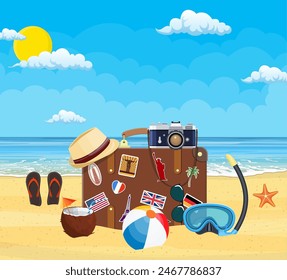 Vintage old travel suitcase on beach. Leather retro bag with stickers. Hat, photo camera, eyeglasses, flip flops, coconut. Sand beach, sea, cloud, sun. Vacation travel. Vector illustration flat style