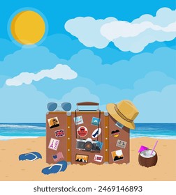 Vintage old travel suitcase on beach. Leather retro bag with stickers. Hat, photo camera, eyeglasses, flip flops, coconut. Sand beach, sea, cloud, sun. Vacation travel. Vector illustration flat style