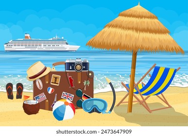 Vintage old travel suitcase on Paradise beach of the sea with cruise ship. Leather retro bag with stickers. wooden chaise lounge, umbrella. Vacation travel. Vector illustration flat style