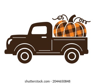 Vintage old truck with decorative plaid patterned pumpkin vector illustration.