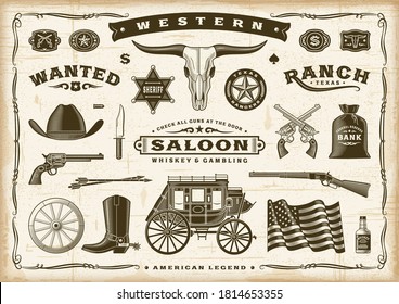 Vintage Old Western Set. Editable EPS10 vector illustration in retro woodcut style with transparency.