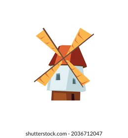 Vintage old windmill building, flat vector illustration isolated on white background. Dutch traditional windmill with huge vanes, agricultural symbol or icon.