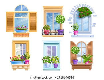 Vintage old window frame set isolated on white. Italian, French architecture exterior house elements. Home plants, glass, shutters, flowerpots. Vintage Provence town facade window collection, roses