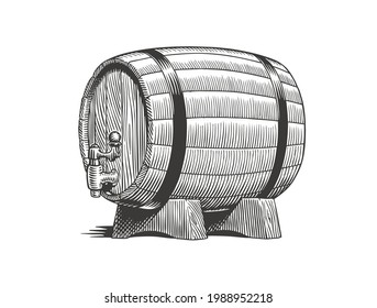 Vintage old wooden barrel for beer or wine isolated on white background. Engraving style vector illustration.