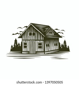 Vintage old wooden house with the trees background. vector illustration