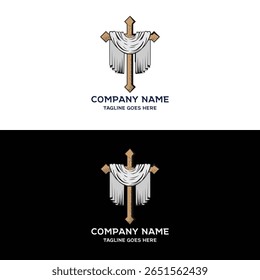 Vintage Old Wooden Jesus Christian Cross with White Holy Shroud Cloak Cloth for Religion Bible Biblical Illustration Design Vector