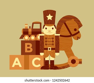 Vintage Old Wooden Toys Concept, Santa's Workshop, Bricks, Train, Rocking Horse, Soldier, Vector Illustration