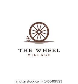 Vintage Old Wooden Wagon Cart Wheel with flower grass Classic logo design