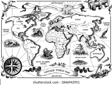 Vintage old world map hand draw engraving style black and white clip art isolated on white background