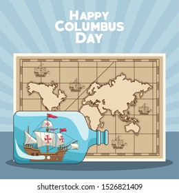 vintage and old world map and sailing ship in a bottle over blue background. Happy Columbus day colorful design, vector illustration