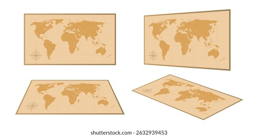 Vintage old world map vector illustration top view and perspective. World atlas in antique retro style EPS10