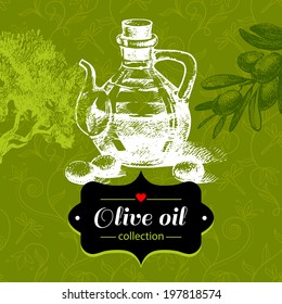 Vintage olive background with hand drawn sketch illustration and floral pattern. Design of package