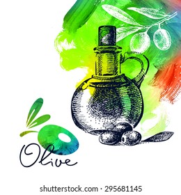 Vintage olive background with hand drawn sketch illustration and acrylic paint brushstroke. Design of package. Vector illustration