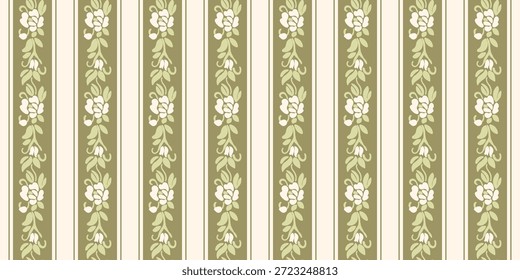 Patrón transparente verde oliva de Antiguas con rayas florales, adorno de Vertical botánica, Fondo de pantalla estético cottagecore