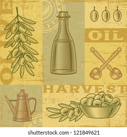 Vintage olive harvest background. Vector