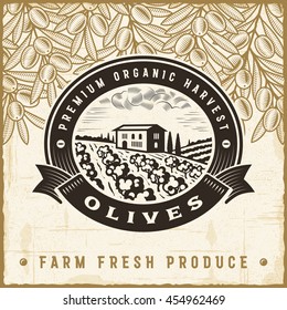Vintage olive harvest label. Editable EPS10 vector illustration in retro woodcut style with clipping mask and transparency.