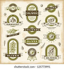 Vintage olive labels set. Editable EPS10 vector illustration.