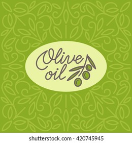 Vintage olive oil logo with floral linear ornament. Vector illustration.