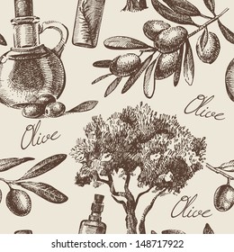 Vintage olive seamless pattern. Hand drawn illustration