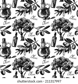 Vintage olive seamless pattern. Hand drawn sketch vector illustration