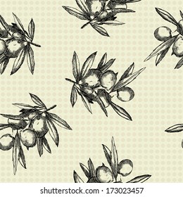 Vintage olive tree sketch seamless pattern. Vector hand drawn background.