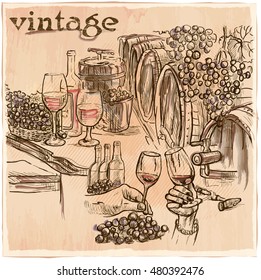 VINTAGE. On a visit to the wine cellar. Freehand sketching, line drawing. An hand drawn vector illustration. Colored line art technique.